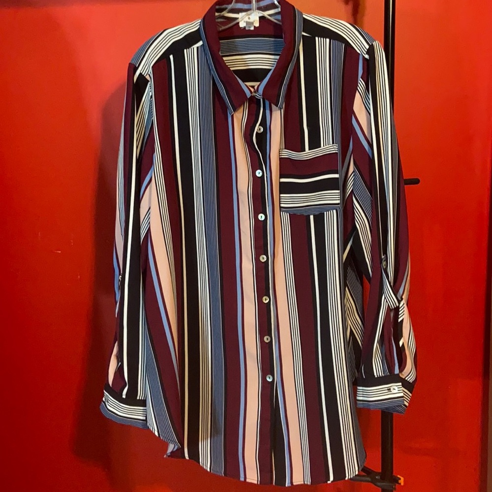 Dress barn burgundy multi color striped blouse, long fit, 2x